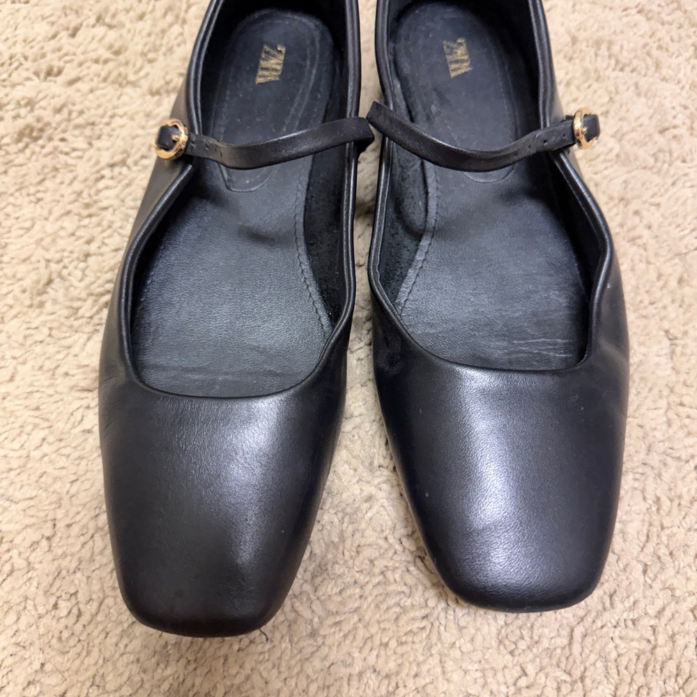 Zara Black Leather Flats with Gold Buckle